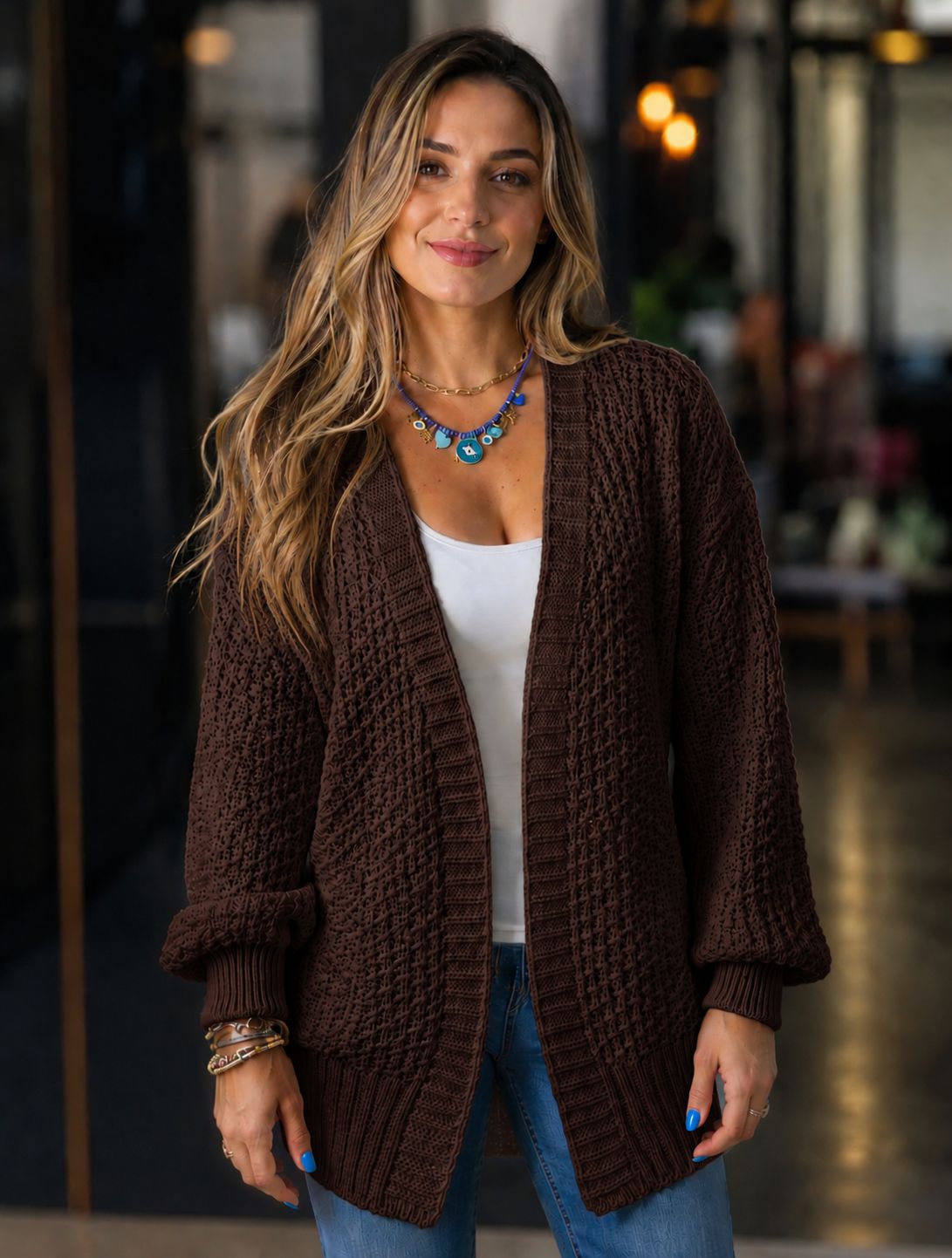 Blusa Manga Longa Cardigan de Tricôt