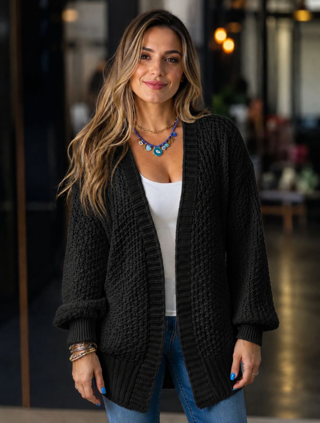 Blusa Manga Longa Cardigan de Tricôt
